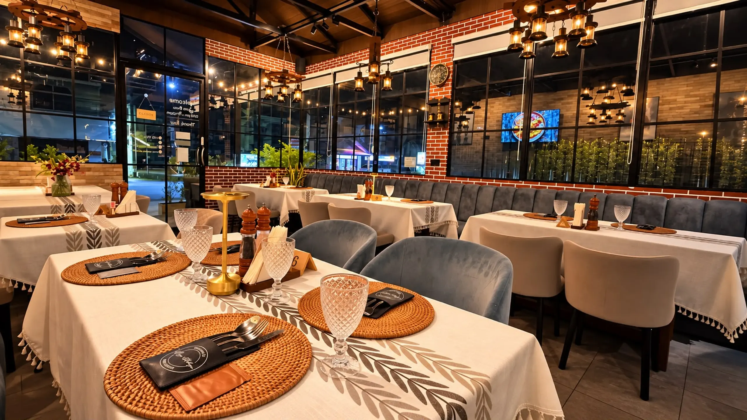 Tables set with rattan placemats and crystal glasses by the windows at Moya Kuhnya